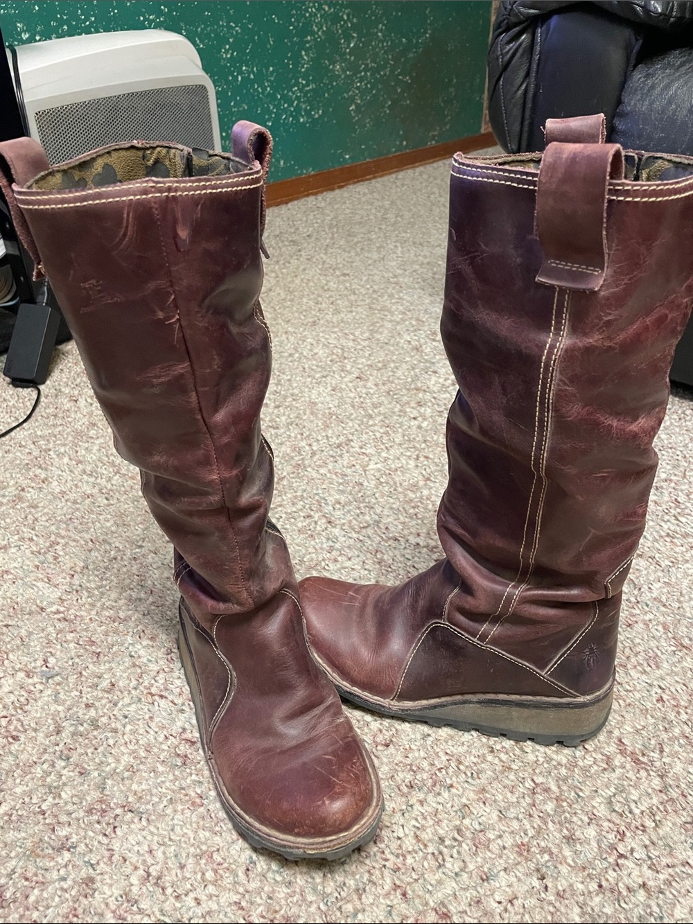 Fly London leather burgendy with white accent stitch high boots